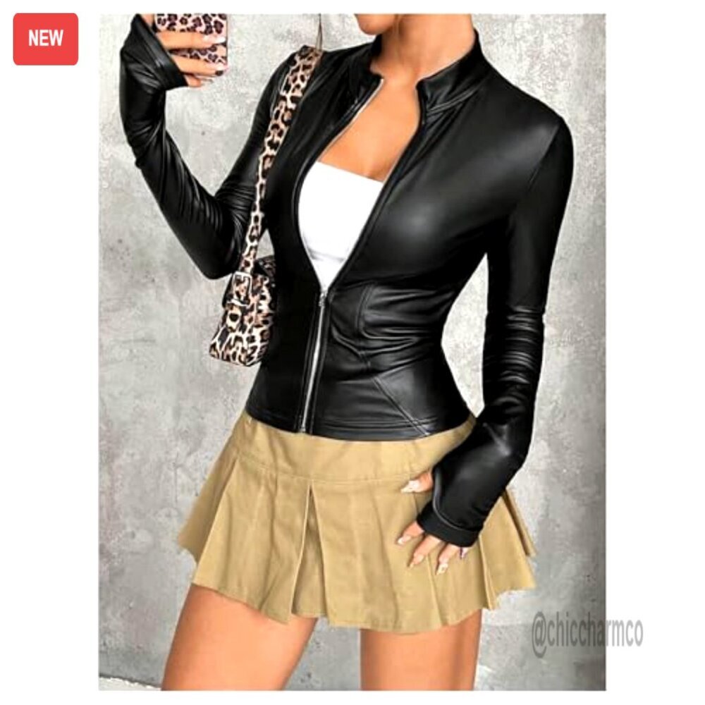 Faux Leather Jacket with Fleece Lining, Mock Neck, Zip Front, Slim Fit - Picture 3 of 5